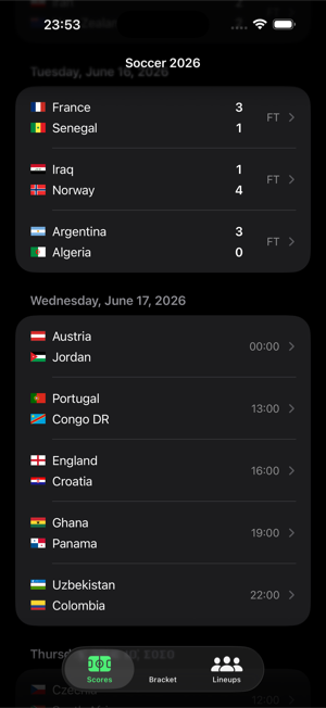 Live scores screen